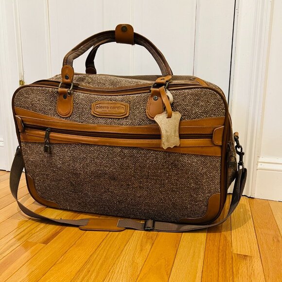 Vintage Pierre Cardin Paris Leather Tweed Luggage Travel Weekender Bag 22 inche - Picture 7 of 16